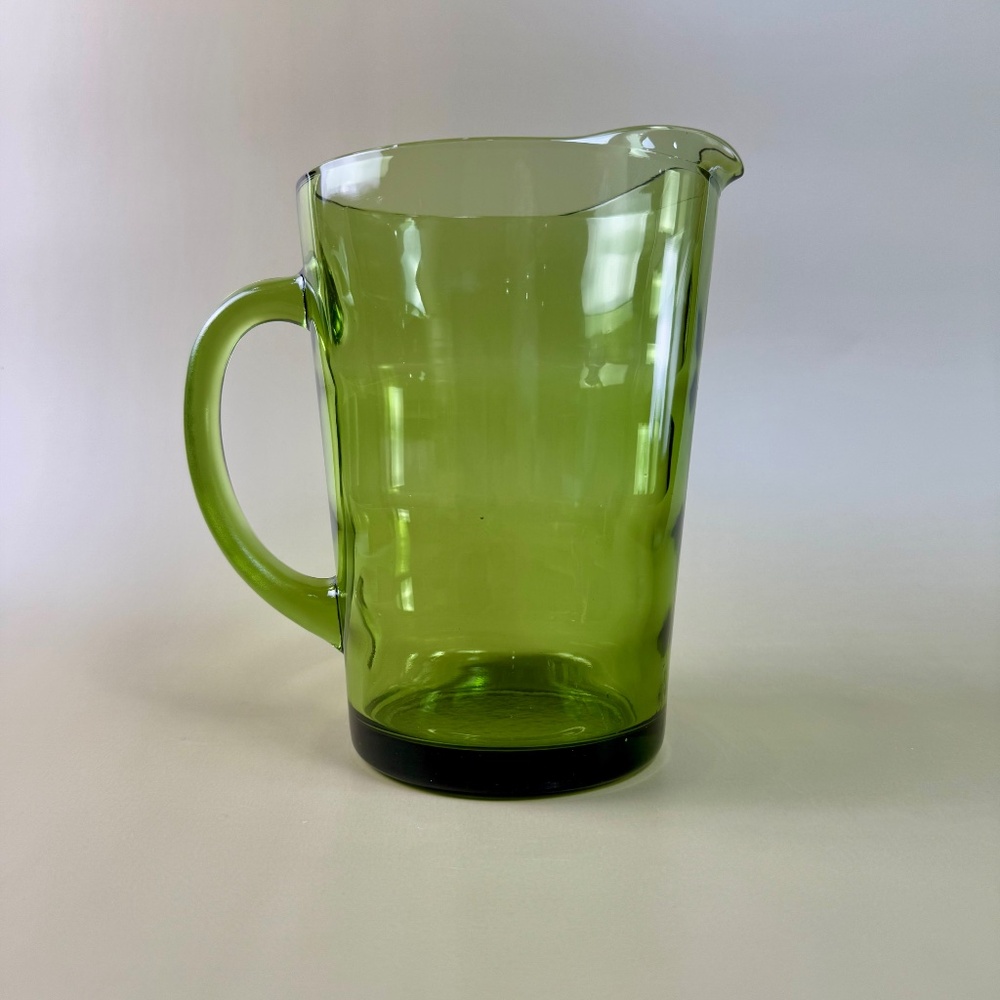 Vintage Green Glass Pitcher with Applied Handle – Mid-Century Blown Glass